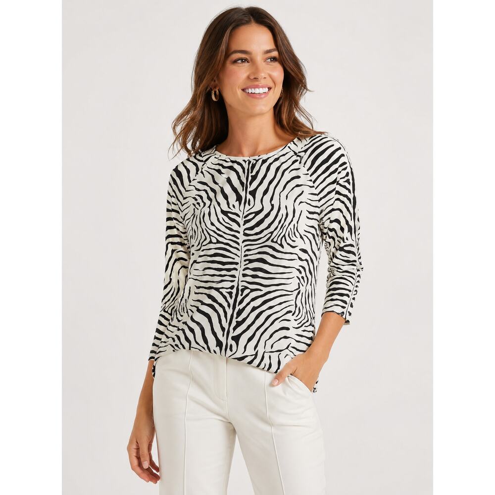 J. McLaughlin Zebra Print Blouse M Black White Stretch Chic Top
